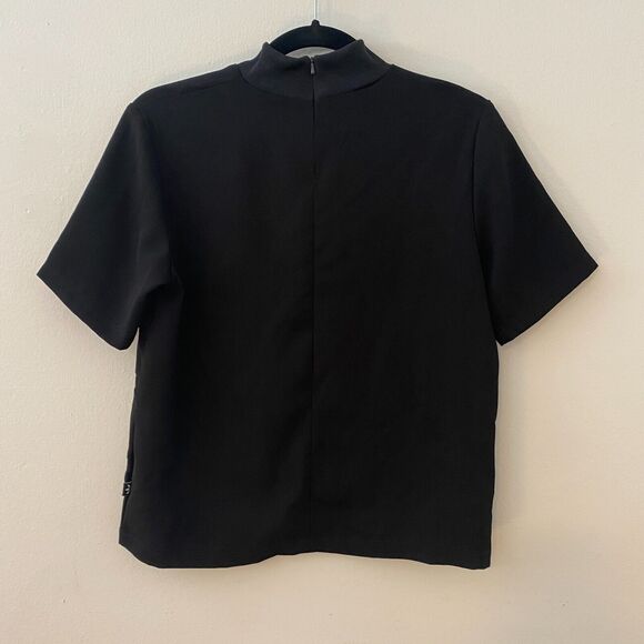 Adidas Black Trefoil Three Stripe Graphic Mock Neck Back Zip Short Sleeve Top S - Picture 4 of 12